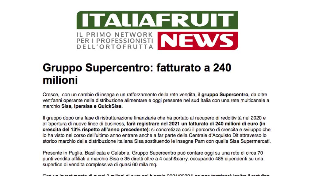 [ITALIAFRUIT] Gruppo Supercentro: fatturato a 240 milioni