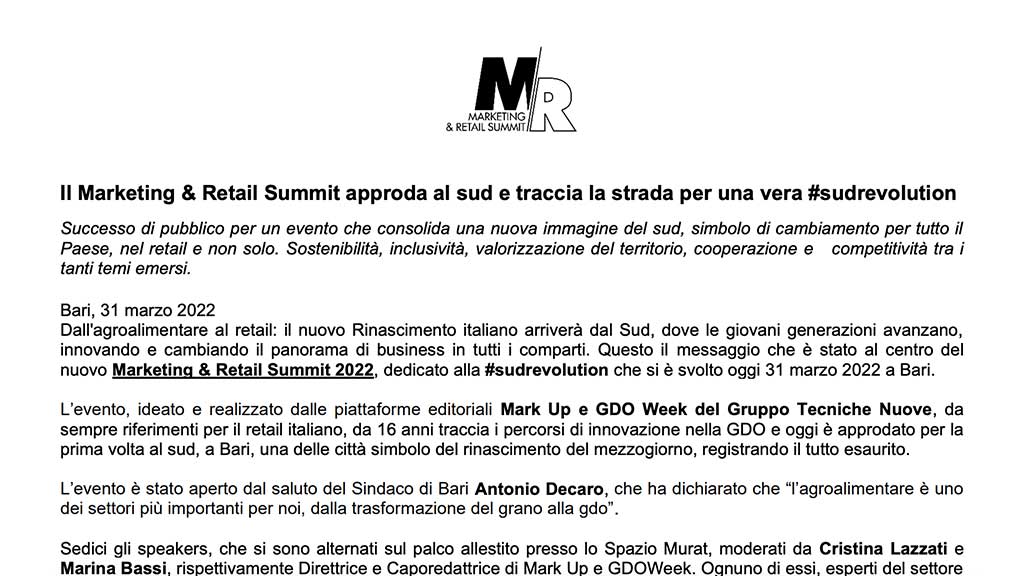 COMUNICATO STAMPA: Marketing & Retail Summit